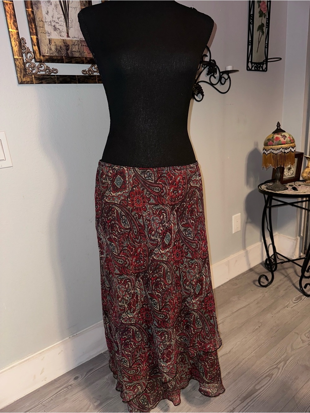 Vtg 90s Mix Nouveau Red Black Paisley Ruffle Chiffon Stretchy Maxi Skirt, L
